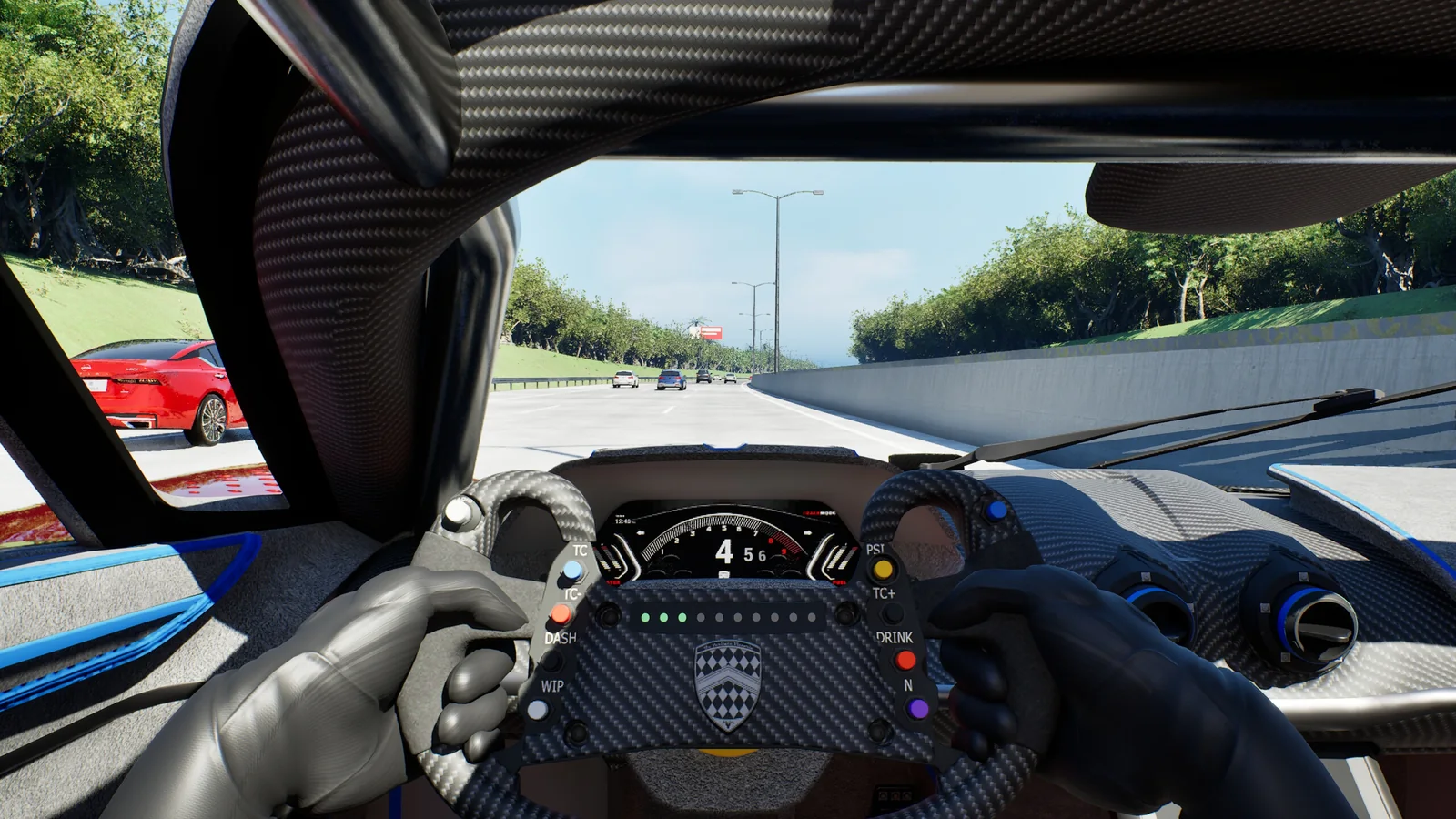The view from the driver's seat: gloved hands on the wheel, live gauges, traffic ahead