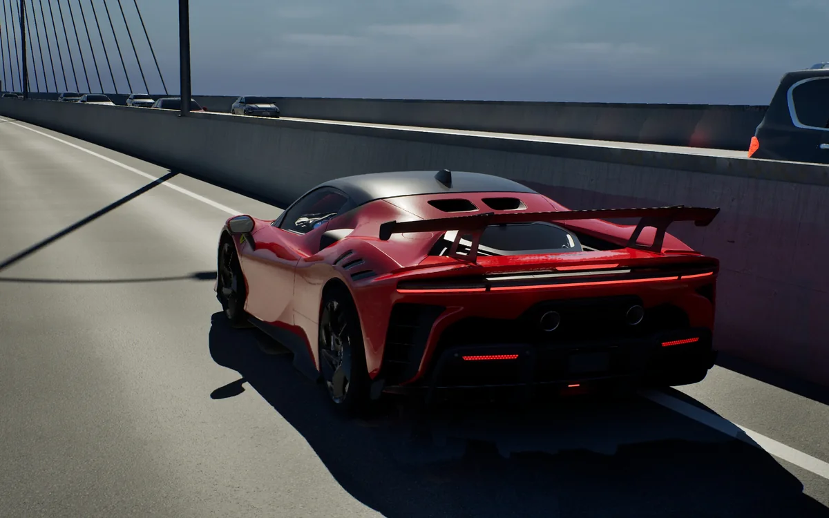 A red hypercar on a sea bridge under the cables of a cable-stayed tower