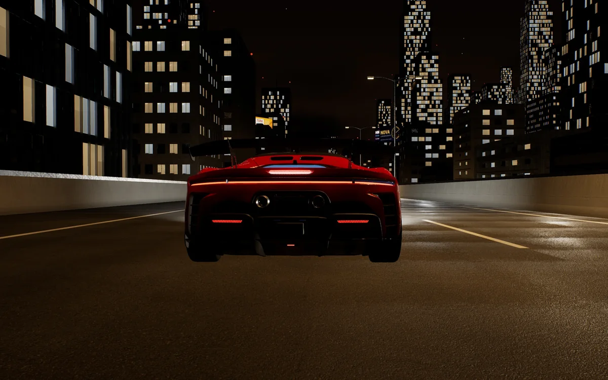 A red hypercar on an elevated expressway between lit towers at night